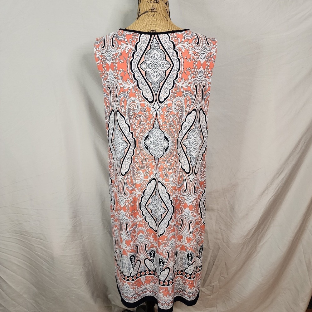 SANDRA DARREN Size 2X Vibrant Coral Navy Boho Chic Paisley Knee Lgth Shift Dress - Picture 5 of 12